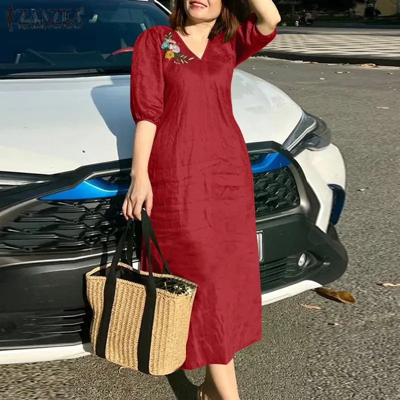Women V Neck A-line Vestidos Solid Holiday Casual 2024 Summer Dresses Commute Half Sleeve Floral Embroidery Midi Dress