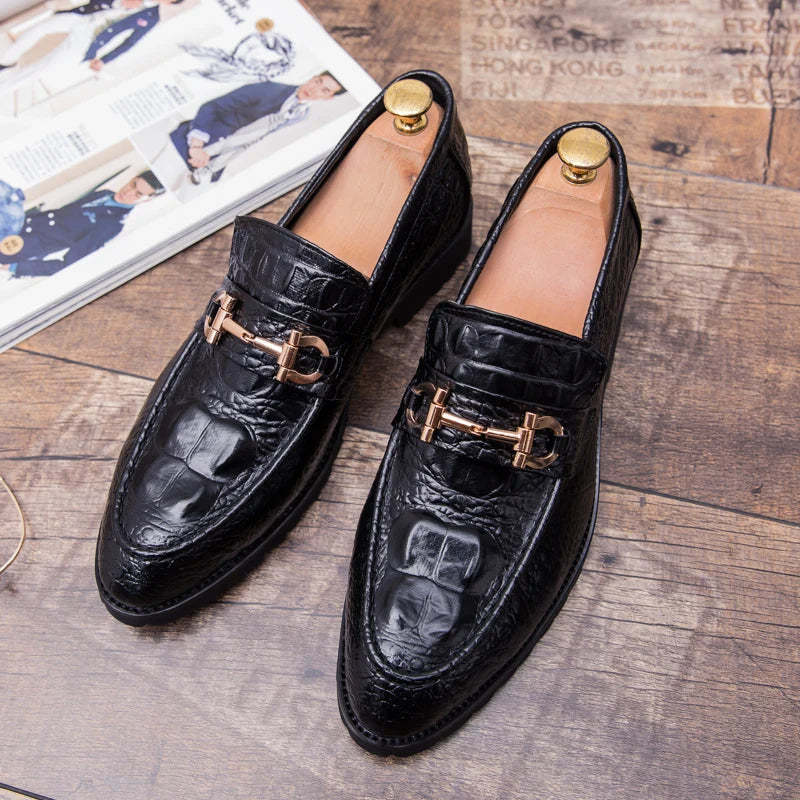 Men’s leather dress shoes pointed toe business casual formal metal detail black