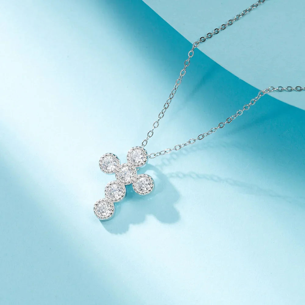 925 Sterling Silver Round CZ Cross Necklace for Women Dainty Simple Brilliant Prayer Religious Pendant Jewelry SN343
