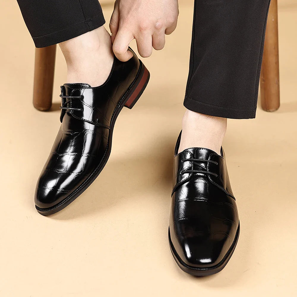 Fashionable Crocodile Print Men's Solid Color Leather Oxford Shoe Formal Business Lace -Up Office Shoe Comfortable Wedding  Shoe