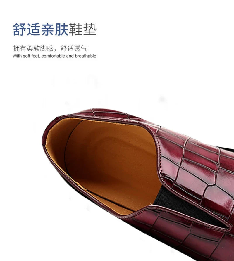 Mens Classic Temperament Brown Crocodile Embossed Leather Loafers Slip On Formal Dress Shoes For Business Office And Casual Wear