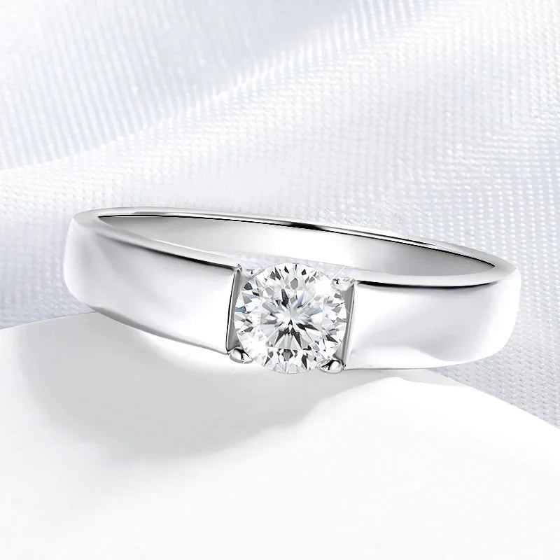 D Color 0.5CT 1CT Moissanite Ring for Men 925 Sterling Silver Simulation Diamond Wedding Band Classic Round Cut with