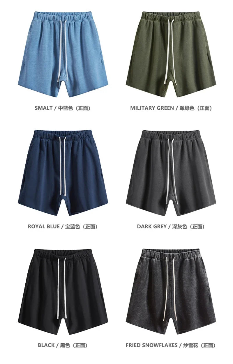 New Summer Men Retro Washed Shorts Unisex Drawstring Loose Edge 420gsm Solid Knee Length Cotton Pants Streetwears HY0589
