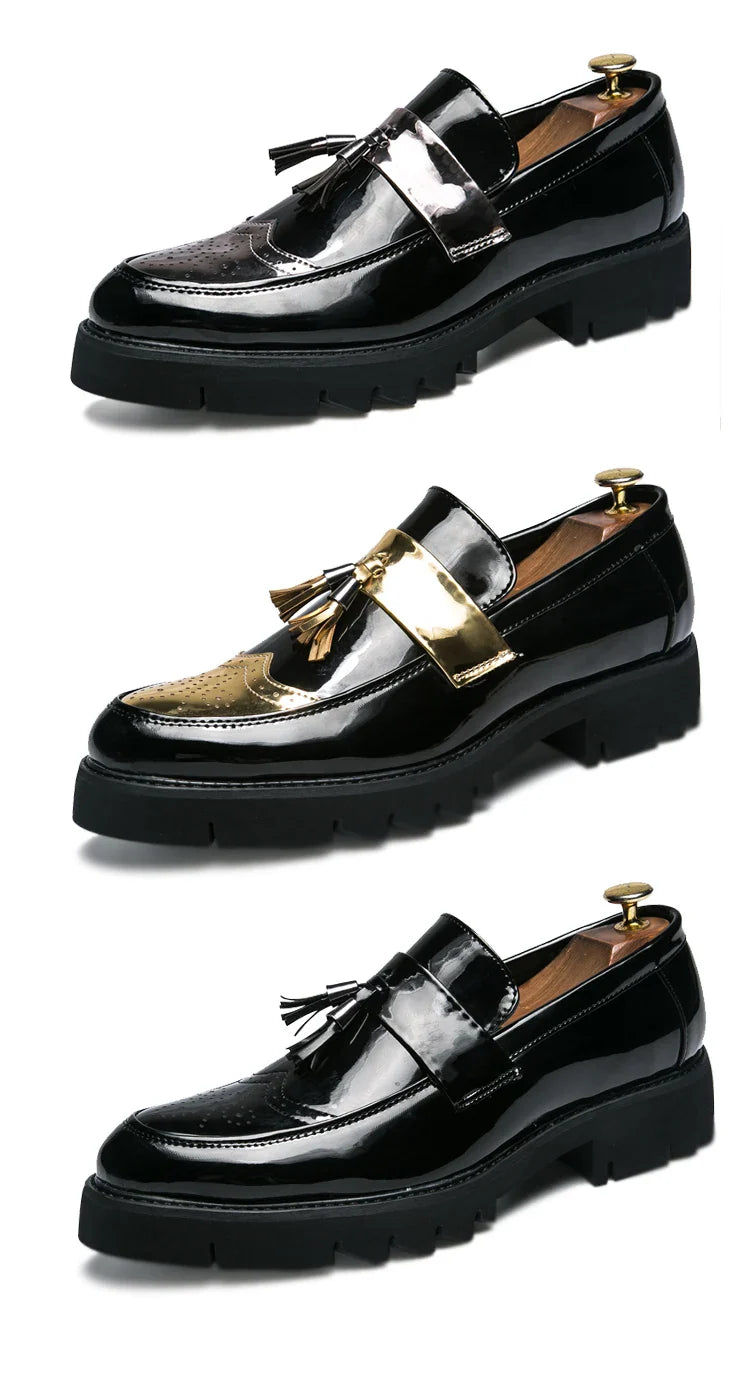 Fashion Golden Men's Casual Slip-On Tassel Patent Loafers Thick Bottom Elevator Shoes Men's Party Shoes Business Shoes Brogue