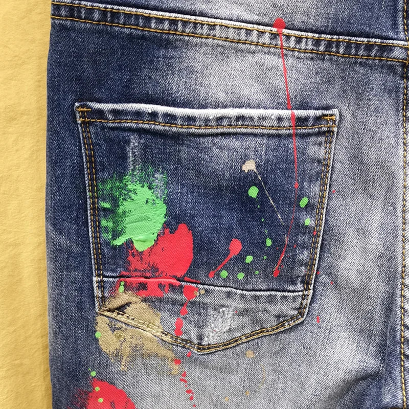 Men's Jeans Fashion Spray Paint Ripped Hole Personality Hip-hop Streetwear