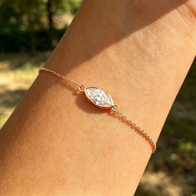 1CT D Color Marquise Cut Moissanite Bracelets for Women Adjustable Chain Birthday Gift 100% Real Pure 925 Silver Jewelry