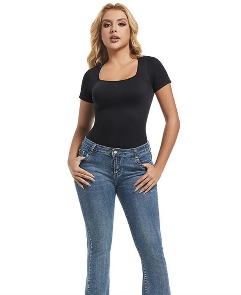 GUUDIA Short Sleeve Open Crotch Big U Neck Seamless Shapers Spandex Elastic Body Suit Shapewear Women Body Shaper Tummy Control