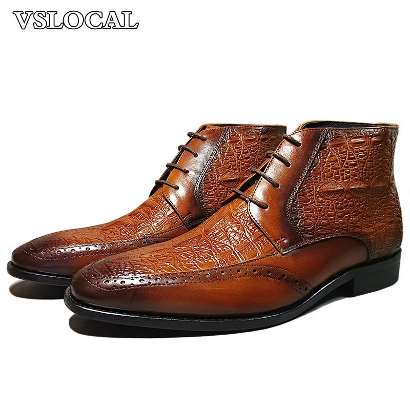 Luxury Brand Men Ankle Boots Shoes Black Brown Crocodile Prints Lace-up Mens Dress Boots Genuine Leather Dress Boots Men