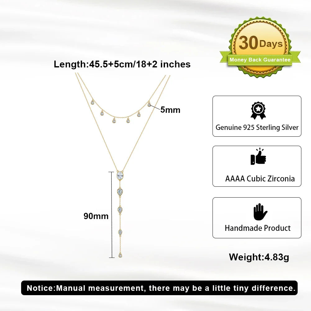 Real 925 Sterling Silver Necklace with CZ Classic Waterdrop Choker Chain Fashion Colar for Women Fine Jewelry BQN16