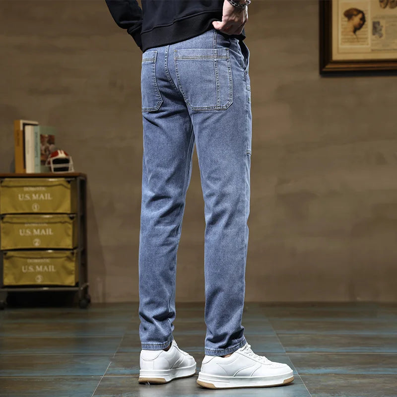 Versatile Six-Pocket Design Jeans Men's Loose Straight Leg Pants Stretchy Comfortable for Outdoor Hiking Activities All Seasons