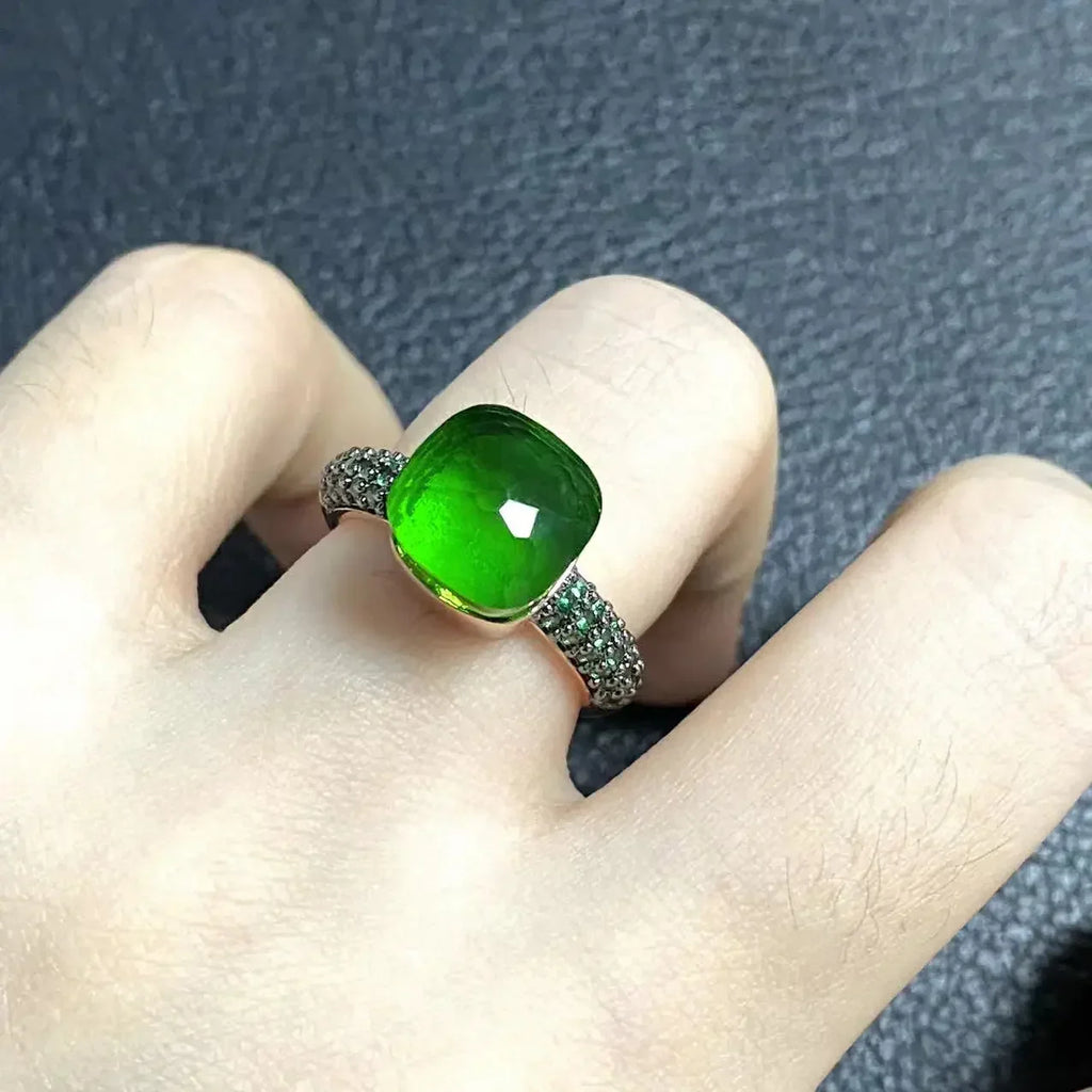 Emerald Ring for Women Green Zircon Inlay Rose Gold & Black Gun Plated 30 Colors Candy Crystal Style Jewelry Birthday Gift