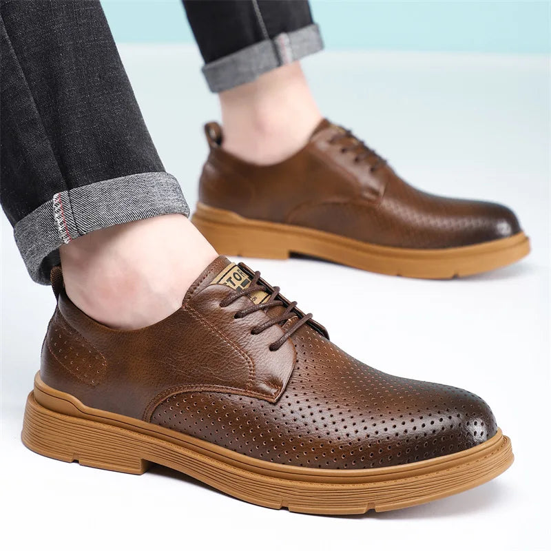 Summer Autumn New Low Top Cow Leather Shoes for Men Hallow Lace Designer Platform Shoes Male Fashion Business Casual Shoe Man