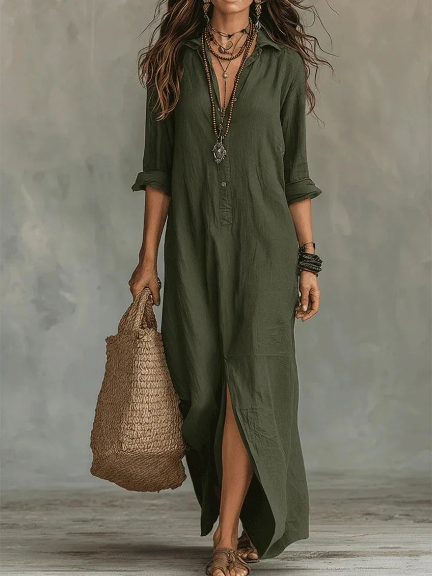 Casual Long Sleeve Loose Maxi Dress Women 2026 Summer Solid Color Turn-down Collar Beach Long Dresses Elegant Vestidos