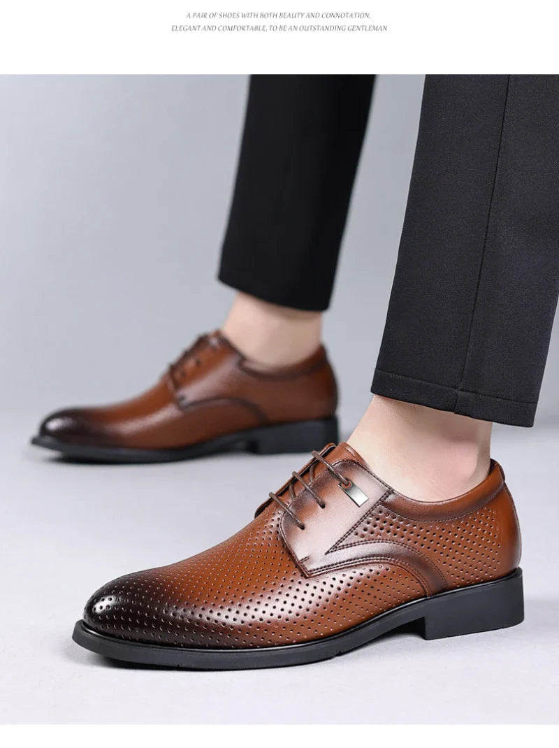 Mens Black Genuine Leather Perforated Metal Decor Lace Up Formal Business Office Breathable Summer Shoes Hollow Stylish Simple