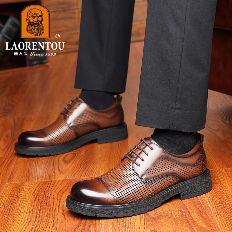 LAORENTOU breathable hollow out business round toe casual shoes, thick soled men's formal Derby shoes, wedding shoes 20933W