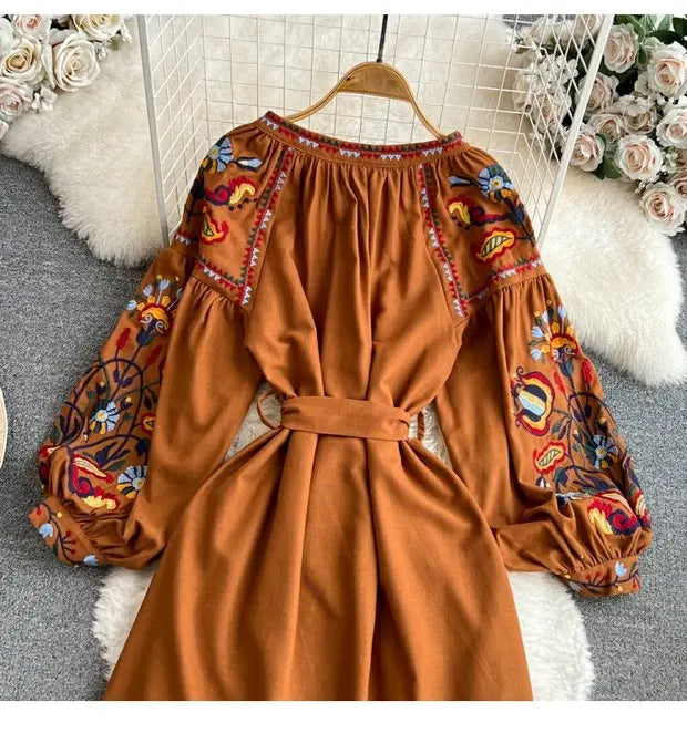 Retro Ethnic Sle Long Sve Embroidered round Ne A-Line Cotton Linen Dr Slimming Waist Cinched Ele Long Dr