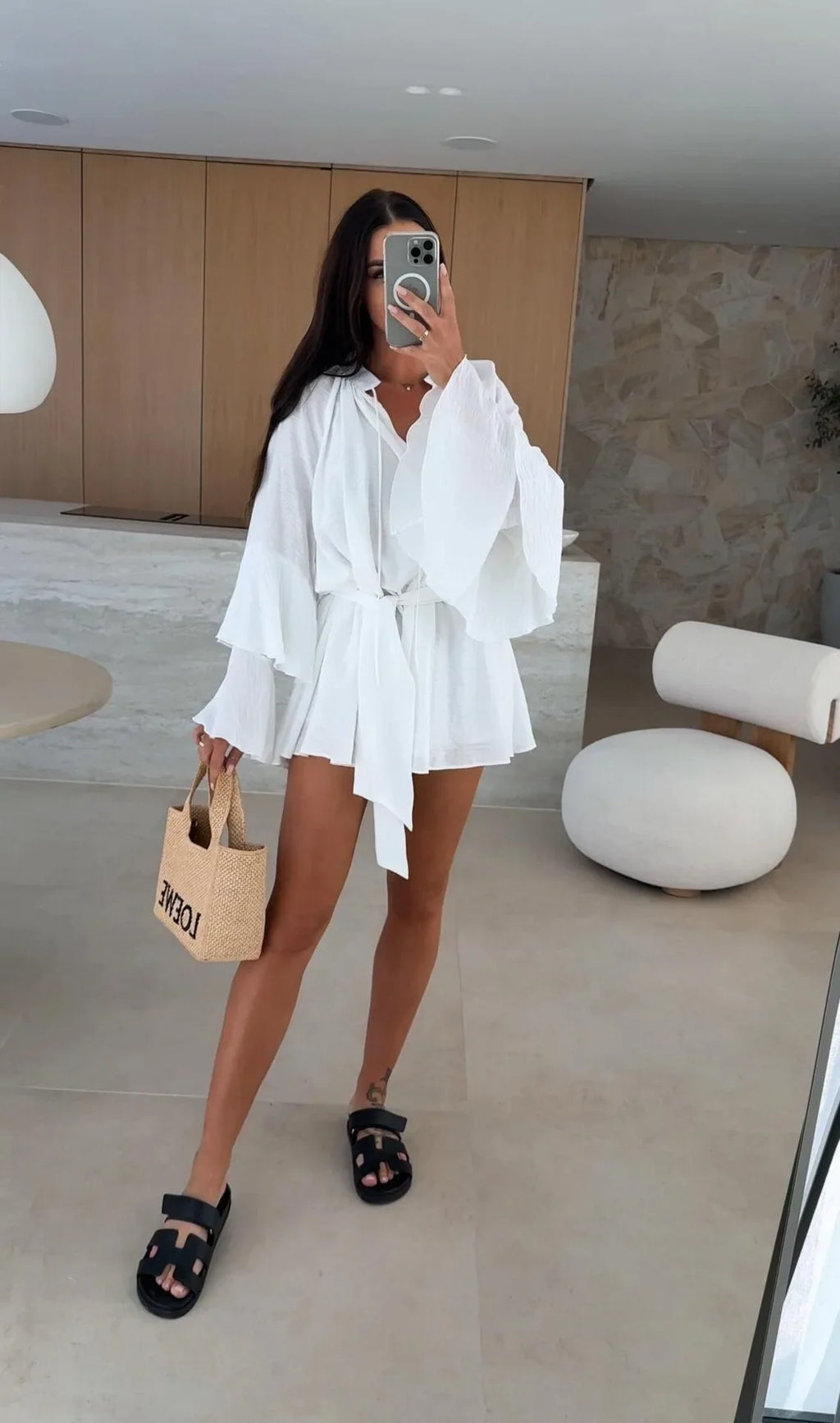 2026 Autumn Ruffle Loose Mini Dress Casual Flare Sleeve Holiday Dresses Sexy Deep V-neck Lace Up Solid Women's Dress Vestidos