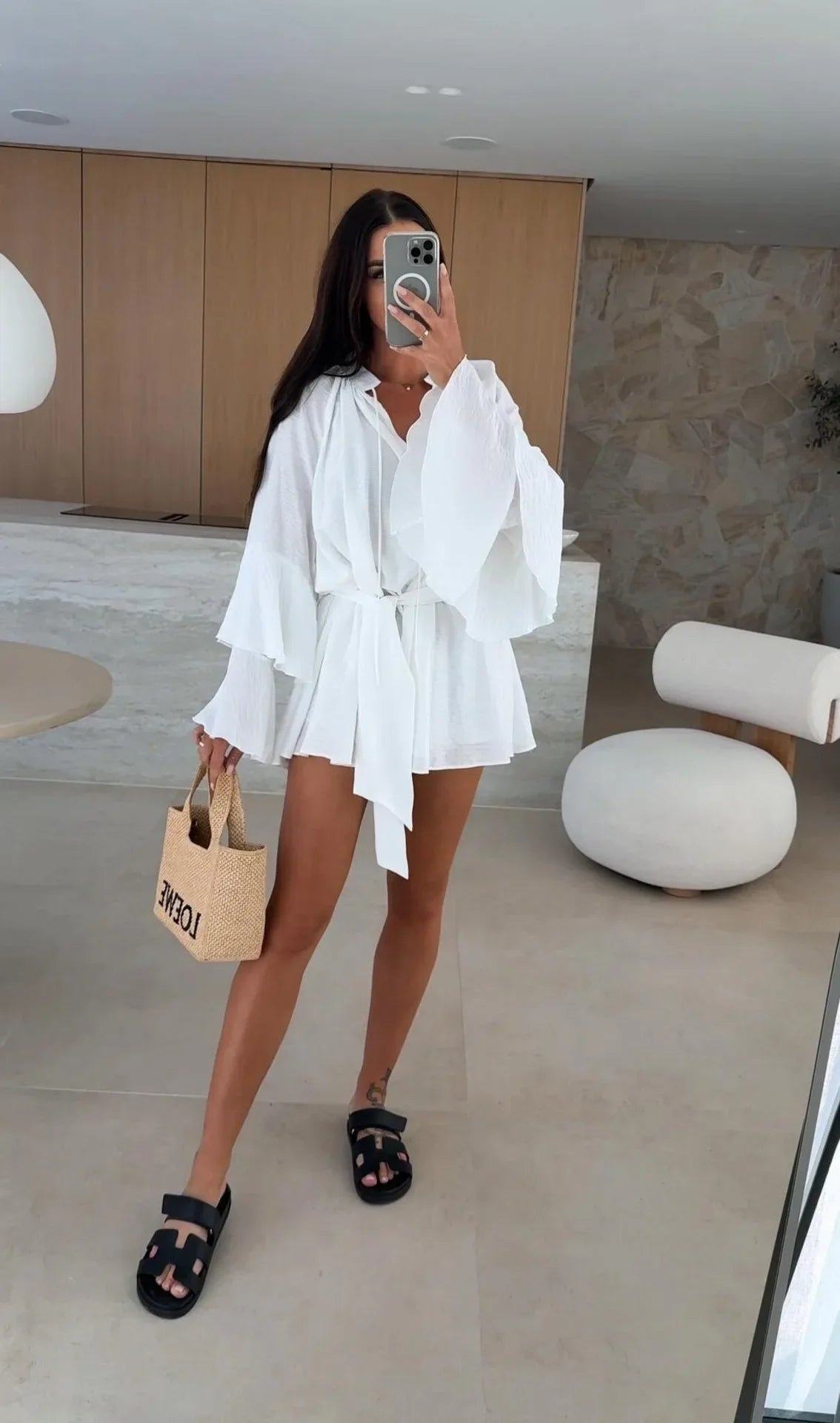 2026 Autumn Ruffle Loose Mini Dress Casual Flare Sleeve Holiday Dresses Sexy Deep V-neck Lace Up Solid Women's Dress Vestidos