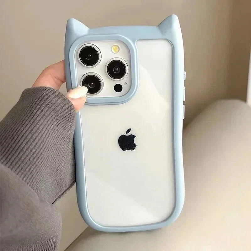 Soft Silicone Cute Cat Ear Phone Case For iPhone 16 17 13 15 14 12 11 Pro Max Air XS Max Funda Transparent Shockproof Back Cover