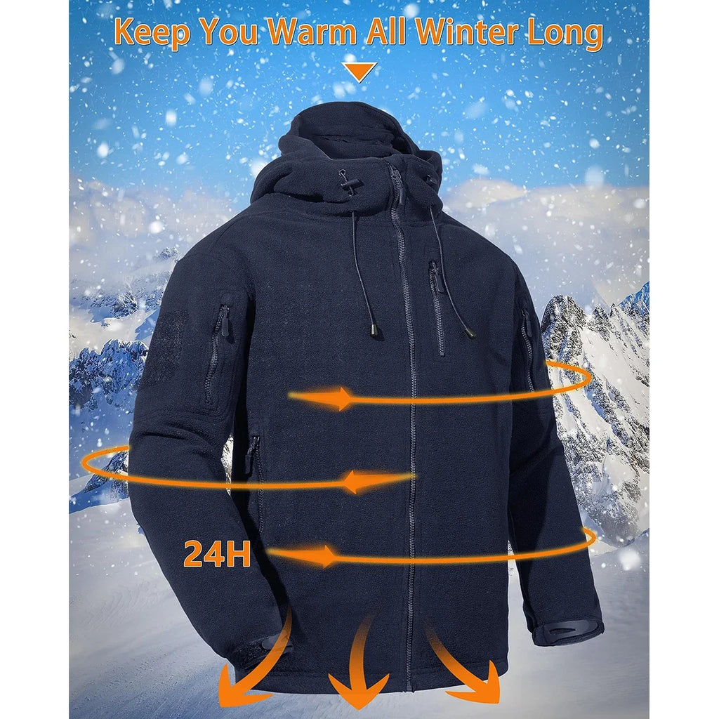 Fall Winter Men's Hooded Fleece Jacket Full Zip Up Soft Warmth Windproof Coat Outdoors Working Hiking Fishing Outerwear