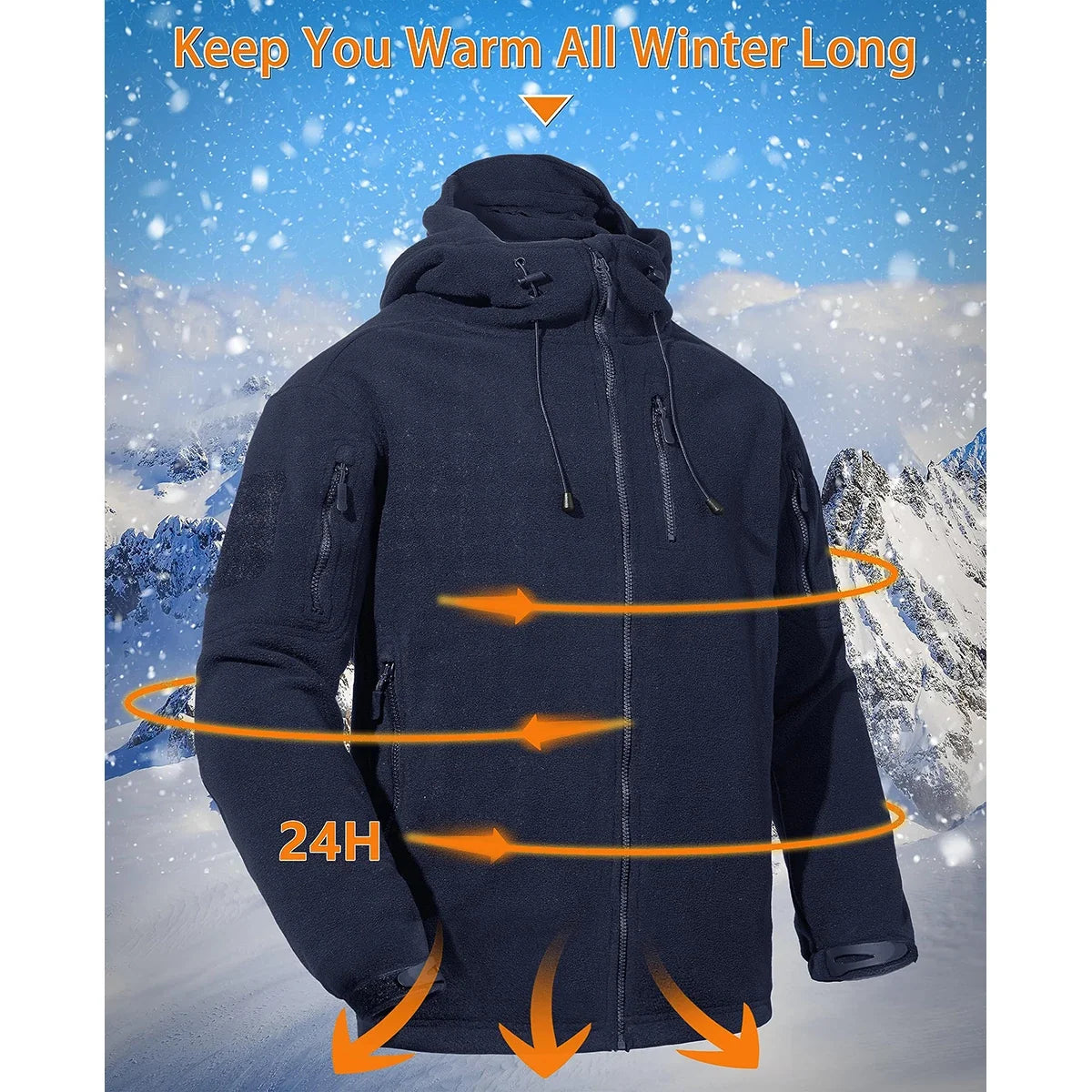 Fall Winter Men's Hooded Fleece Jacket Full Zip Up Soft Warmth Windproof Coat Outdoors Working Hiking Fishing Outerwear