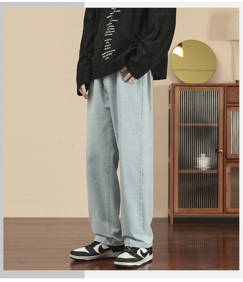 2023 New Korean Fashion Men's Casual Ankle-Length Jeans Classic Man Straight Denim Wide-leg Pants Light Blue Grey Black 3XL