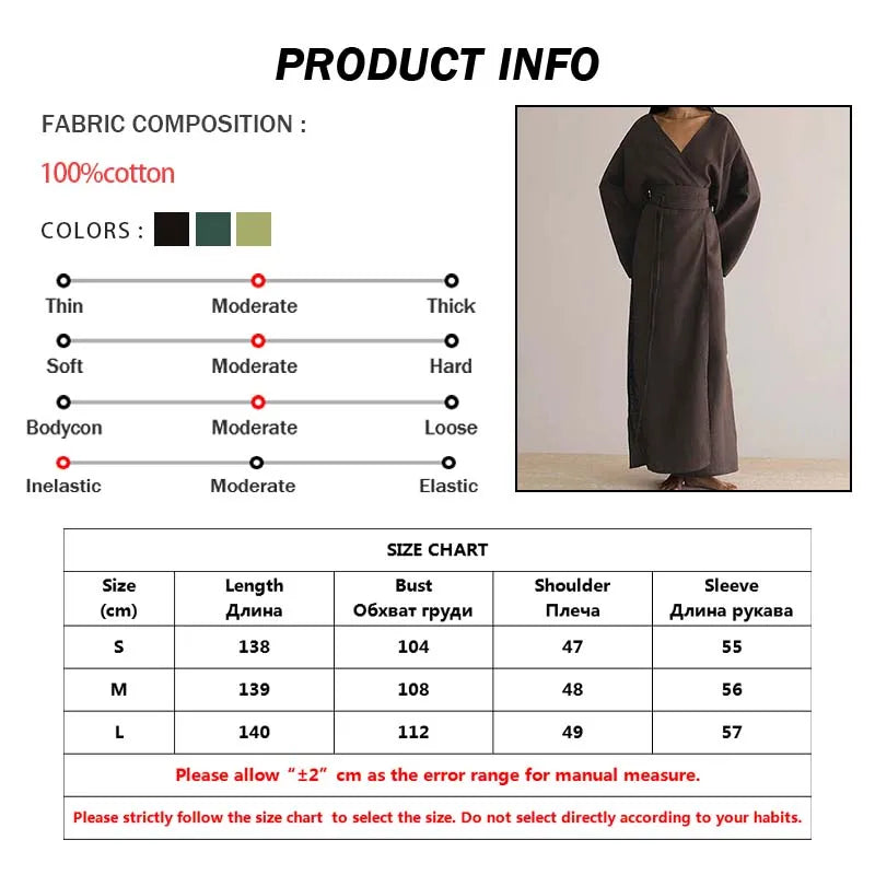 Fashion Borwn Cotton Women's Dress Elegant V-Neck Long Sleeve Lace-Up Dresses Casual New Side Slit Ankle-Length Dresses