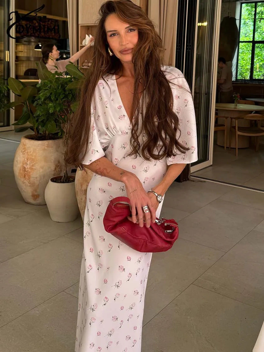 Casual White Print Dresses For Woman Fashion V-Neck Batwing Sleeve Dresses Elegant Straight Floor-Length Dress Streetwear