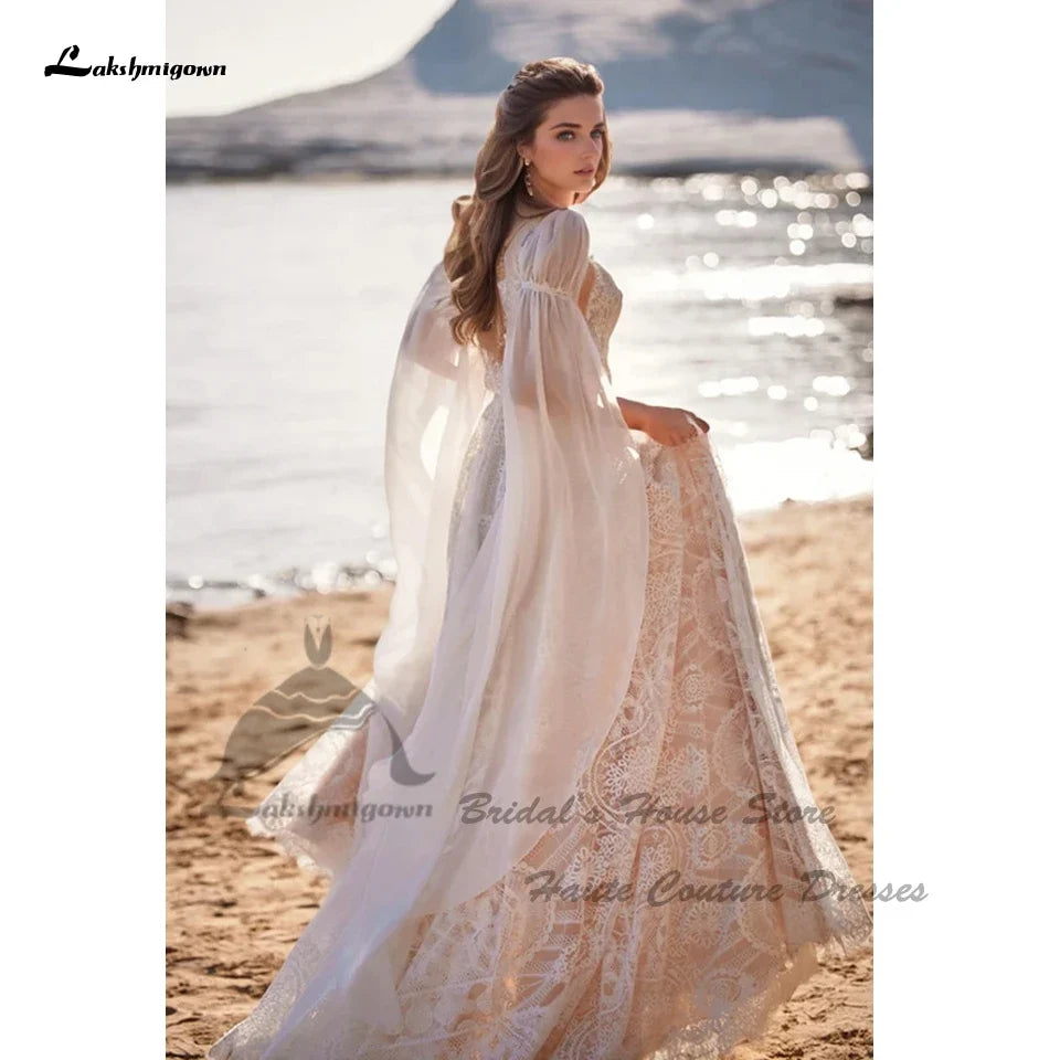Vintag Boho Beach Wedding Dresses Detachable Lace Cape 2025 Vestidos Sexy Champagne Bridal Gowns Deep Customized