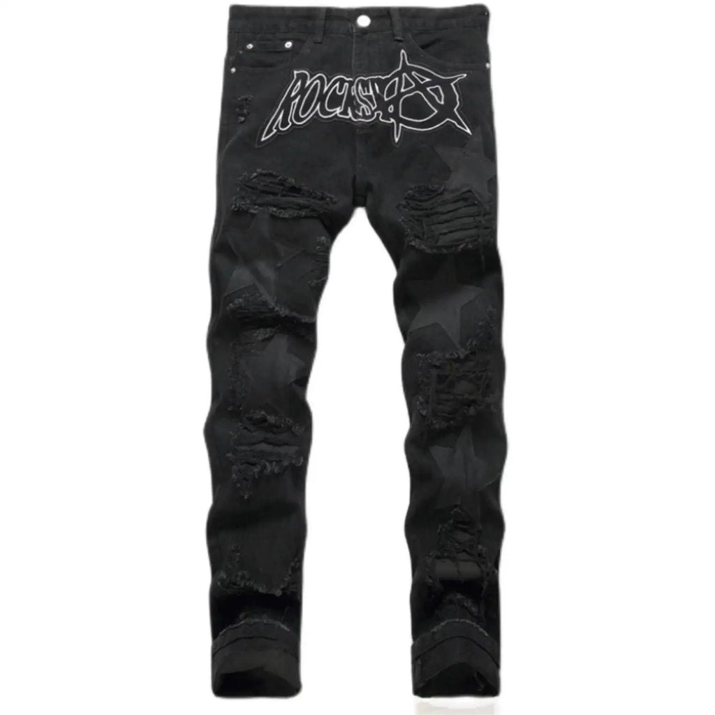 Punk Style Men's Slim Fit Straight Leg Denim Jeans Black Hole Patch Embroidery No Stretch Fashion Urban Casual Cotton Polyest...