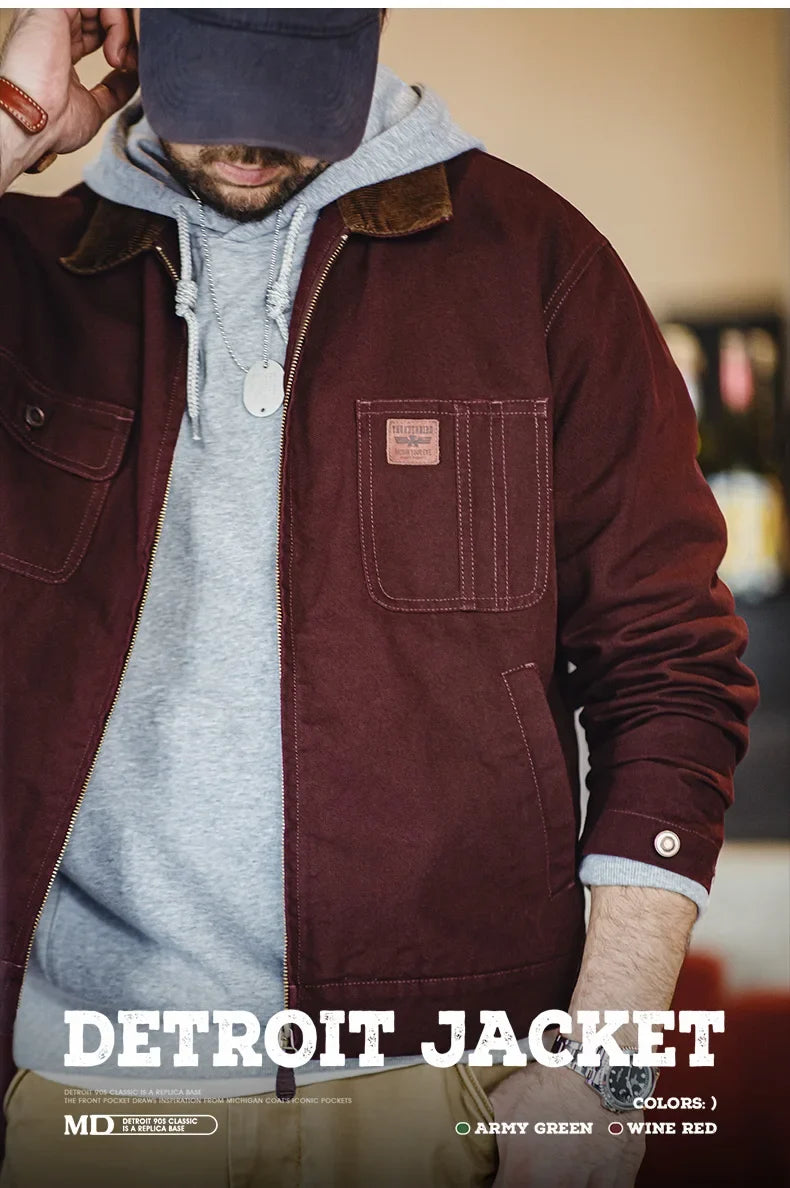Retro Heavyweight Canvas Detroit Jacket Corduroy Collar Hunting Short Zip-Up Jacket with Pockets Men's Autumn Outerwear