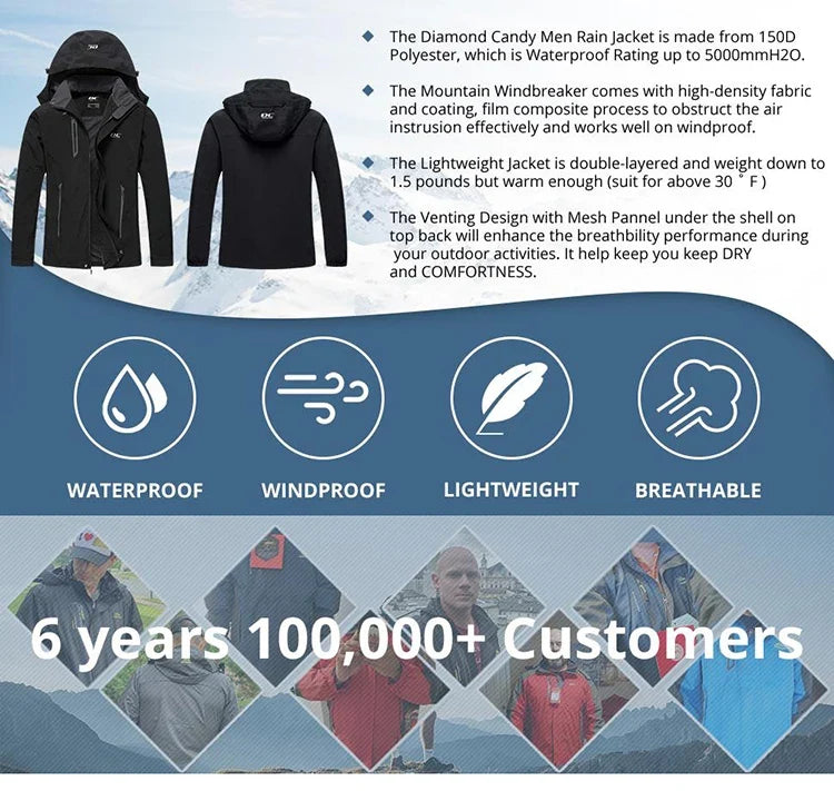 Men's Autumn Hiking Jacket Hooded Removable Waterproof Lightweight Rain Coat Trekking Outdoor Camping Casual Sportswear