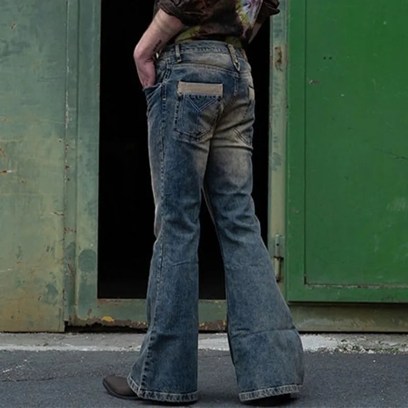 Vintage Men's Solid Straight Jeans Men High Street Button Denim Flare Pants