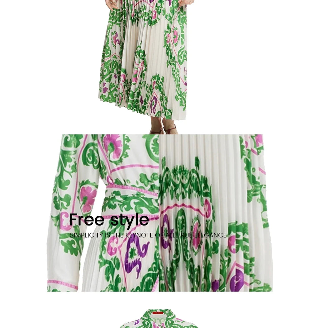 Elegant Women's Printing Dresses Lace Up Neck Long Sleeve Elegant Dress 2024 New Autumn Robe Midi Shirt Dress