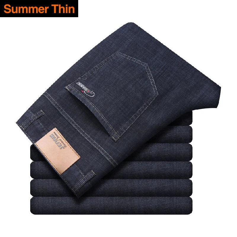 Brother Wang Classic Style Men Brand Jeans Business Casual Stretch Slim Denim Pants Light Blue Black Trousers Male