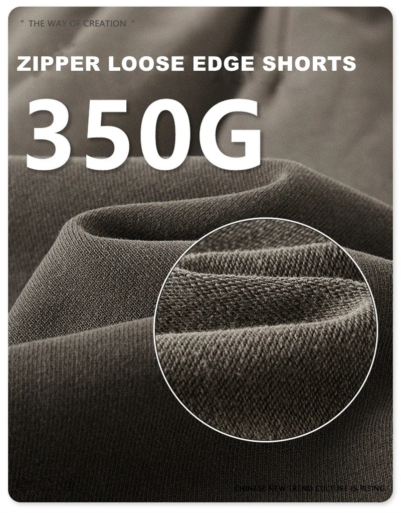New Summer Men Retro Washed Shorts Unisex Drawstring Loose Edge 420gsm Solid Knee Length Cotton Pants Streetwears HY0589