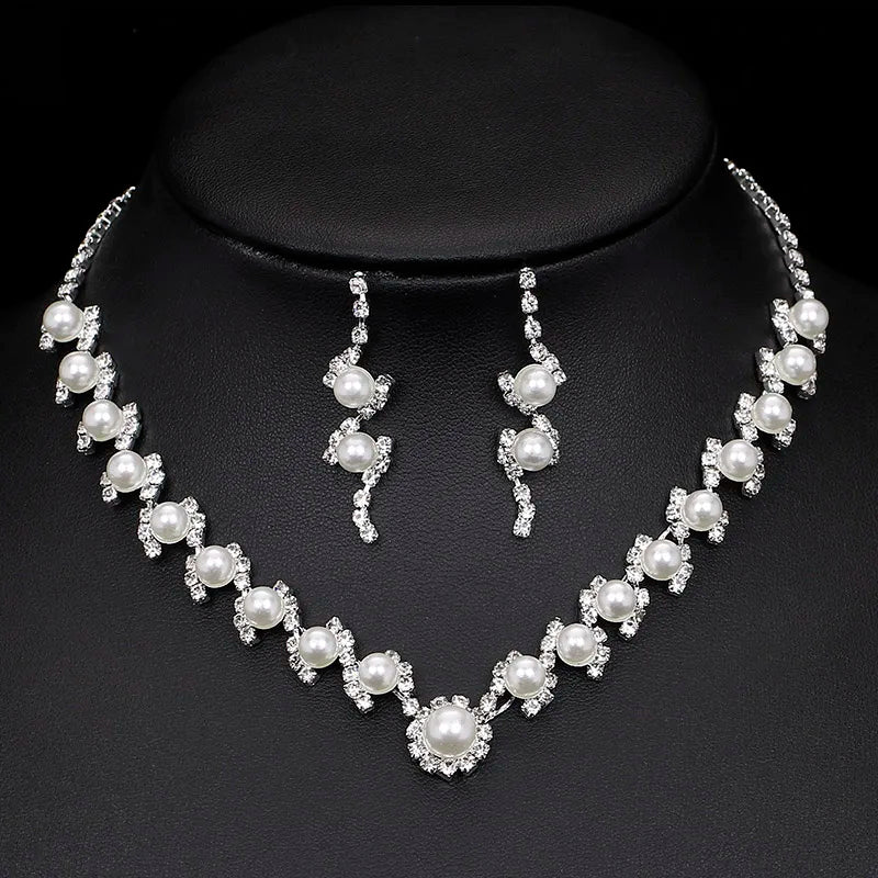 Silver Color Pearl Crystal Bridal Jewelry Sets Wave Shape Choker Necklace Earrings Sets for Women Wedding Jewelry Sets