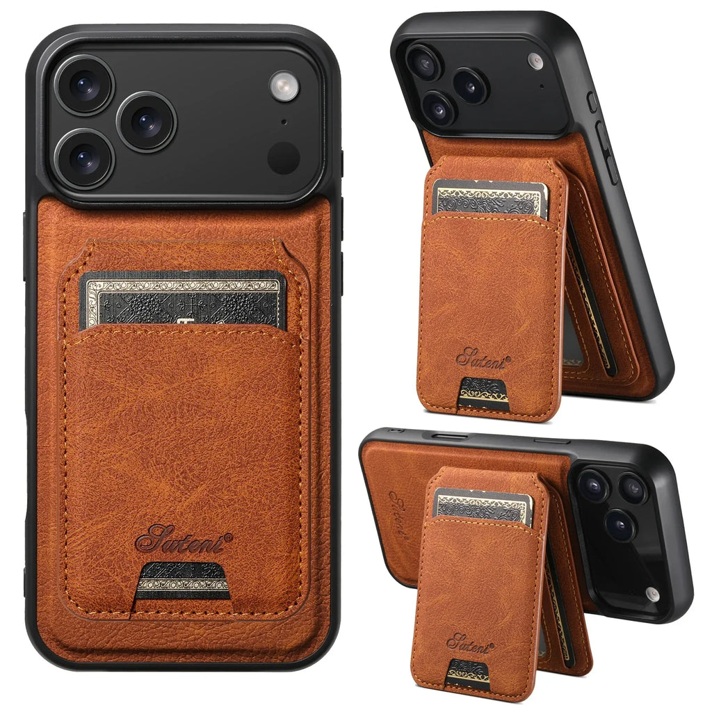 SUTENI Wireless Charging Phone Case Magnet Card Holder Stand Faux Leather For iPhone 17 Pro Max 16 Plus 15 14 13 12