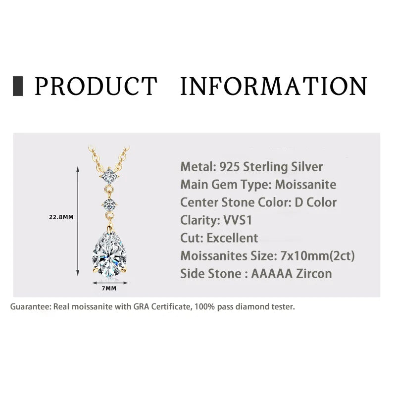2CT Moissanite Waterdrop Pendant Necklaces 925 Sterling Silver Necklace Chain for Women Girl Wedding Fine Jewelry Gift