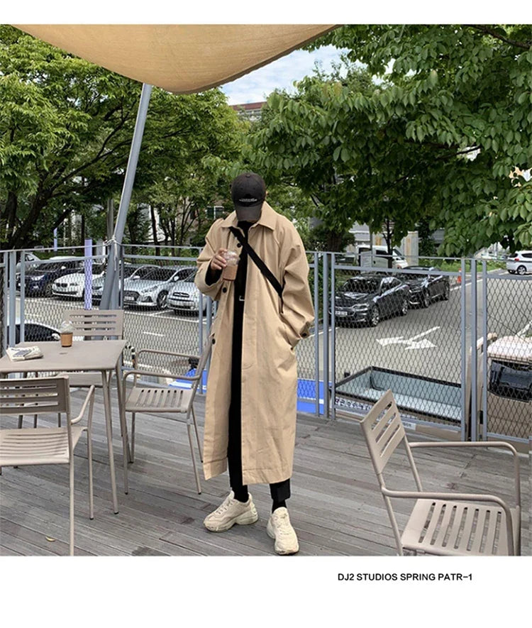 Spring Autumn Long Oversized Black Khaki Trench Coat Men Raglan Sleeve Single Breasted Loose Casual Korean Fashion