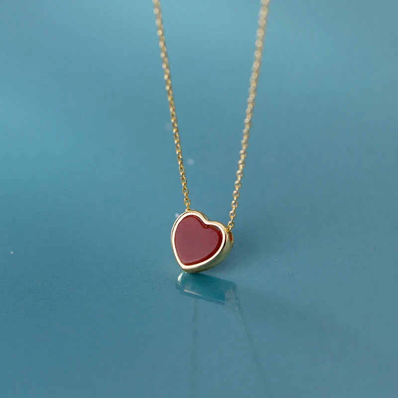 New Arrive 925 Sterling Silver Red Lovely Hearts Pendant Necklace for Women Gold Color Necklace Fine Jewelry Accessories