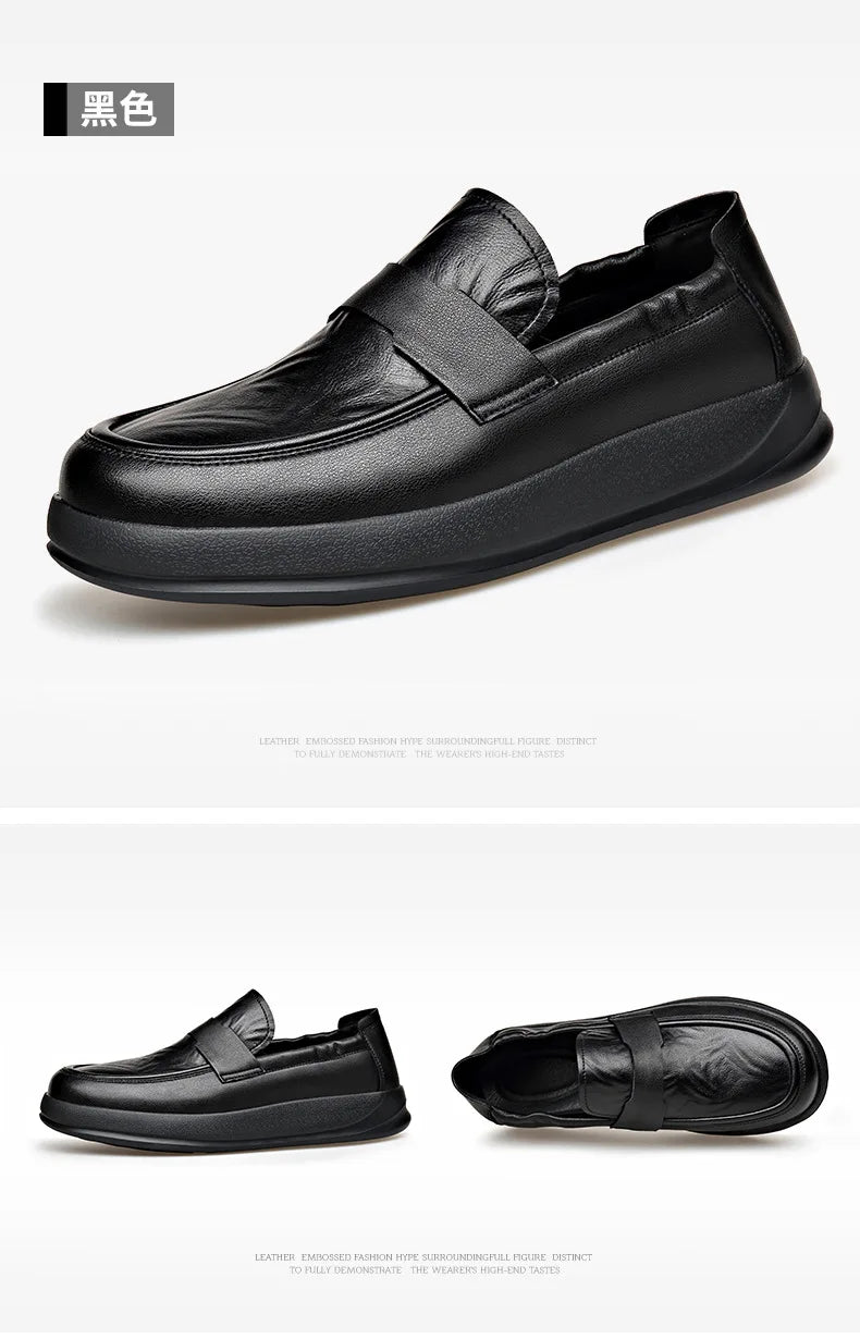 Spring Summer New Genuine Leather Shoes Men Solid Color Fashion Loafers Male Soft Sole Anti-slip Height-increasing Loafers Man