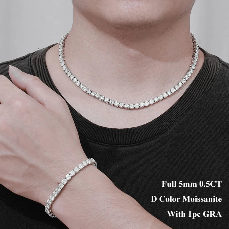 Real 2-5mm Full D Color Moissanite Tennis Neck Chain Necklace for Woman Man 925 Silver GRA Certified Party Bridal Necklaces