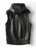 Spring Autumn Luxury Elegant Cool Black Pu Leather Vest for Men with Hood Zipper Sleeveless Jacket Men Clothing 2023