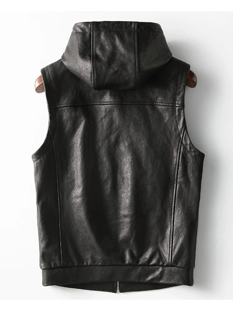 Spring Autumn Luxury Elegant Cool Black Pu Leather Vest for Men with Hood Zipper Sleeveless Jacket Men Clothing 2023