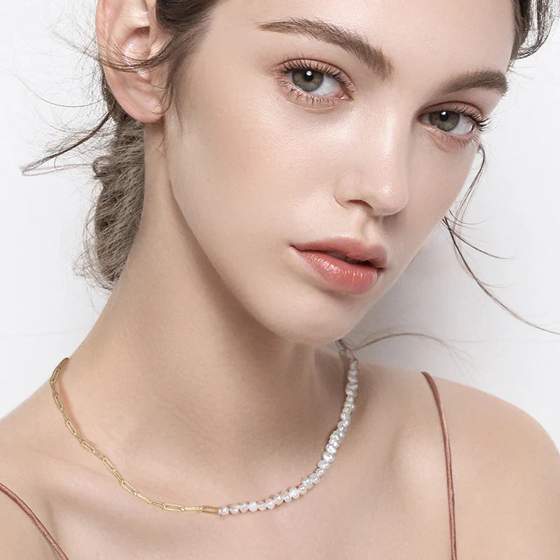 14K Gold 925 Sterling Silver Pearl Necklace with 3-4mm Handmade Natural Baroque Pearl Tiny Chain for Women GPN19
