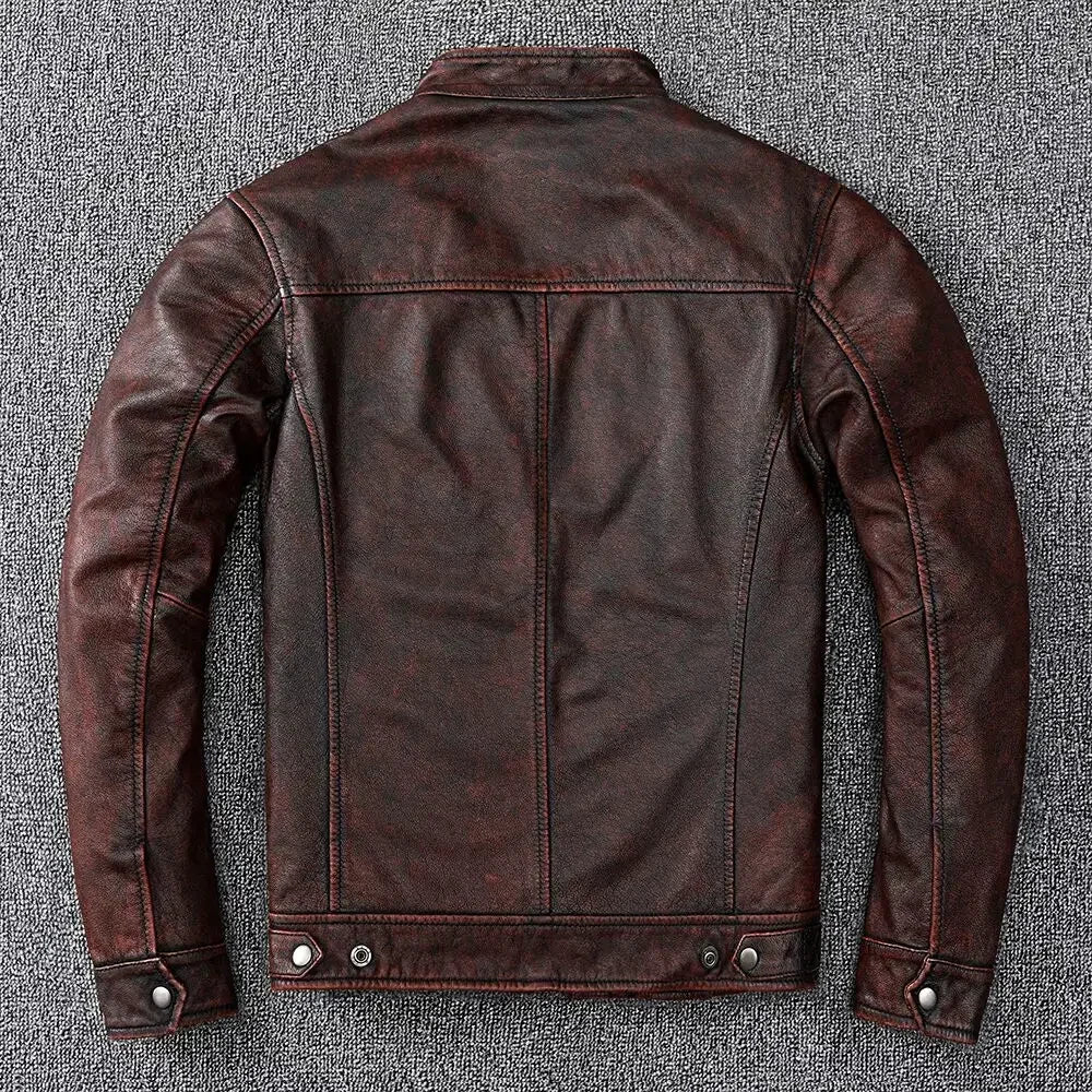 Vintage Brown Coat Classic Biker Style Short Slim Genuine Leather Jacket Men Casual Leather Coat Asian Size 6XL Autumn Wholesale