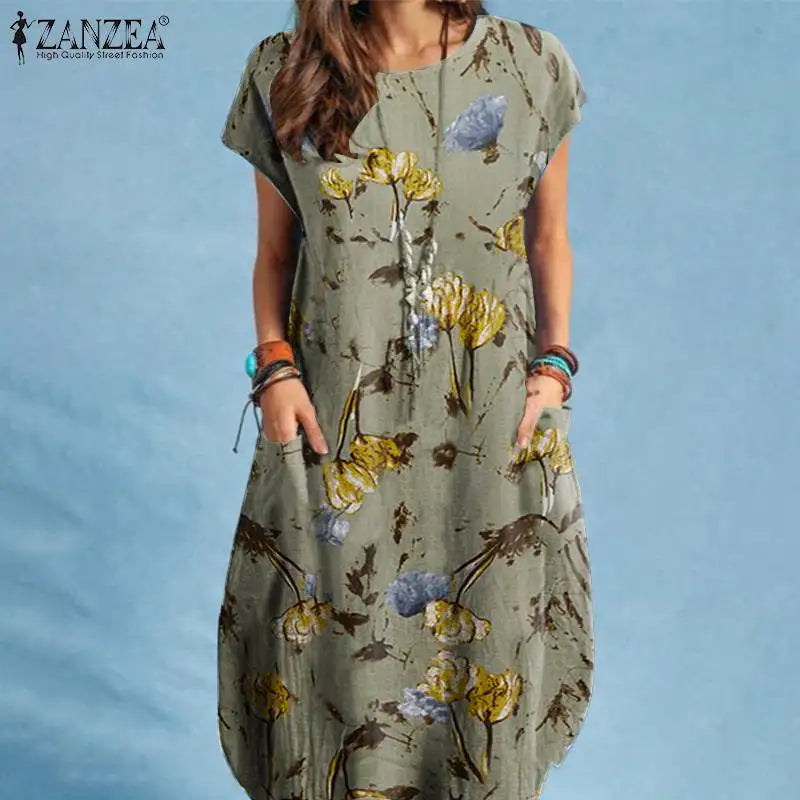Women Summer Dress Bohemian Floral Print Vestido O-Neck Short Sleeve Pockets Sundress Fashion Casual Elegant Holiday Robe