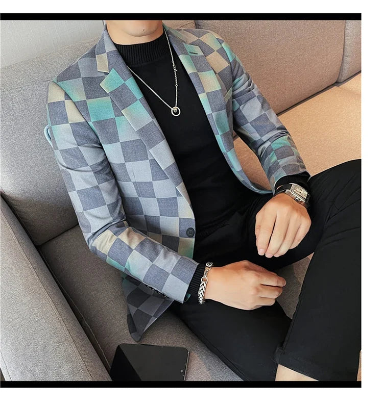 Brand Luxury Plaid Suit Jacket for Men 2023 Autumn Casual Blazer Masculino Fashion Slim Business Wedding Groom Social Dress Coat