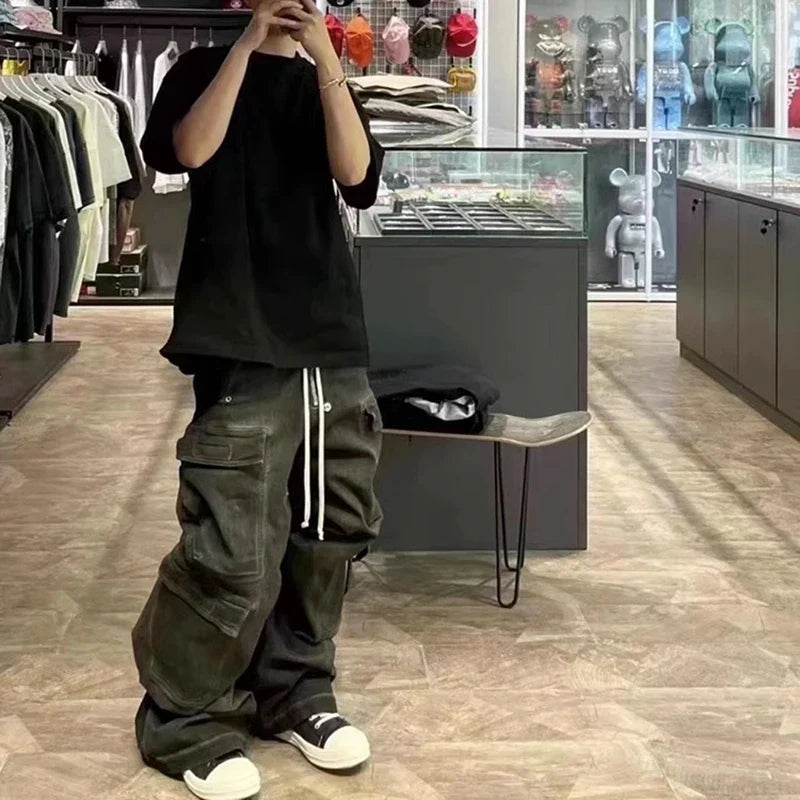 RO Style Ribbons Wide Leg Multi-Pockets Smoke Grey Baggy Jeans for Men